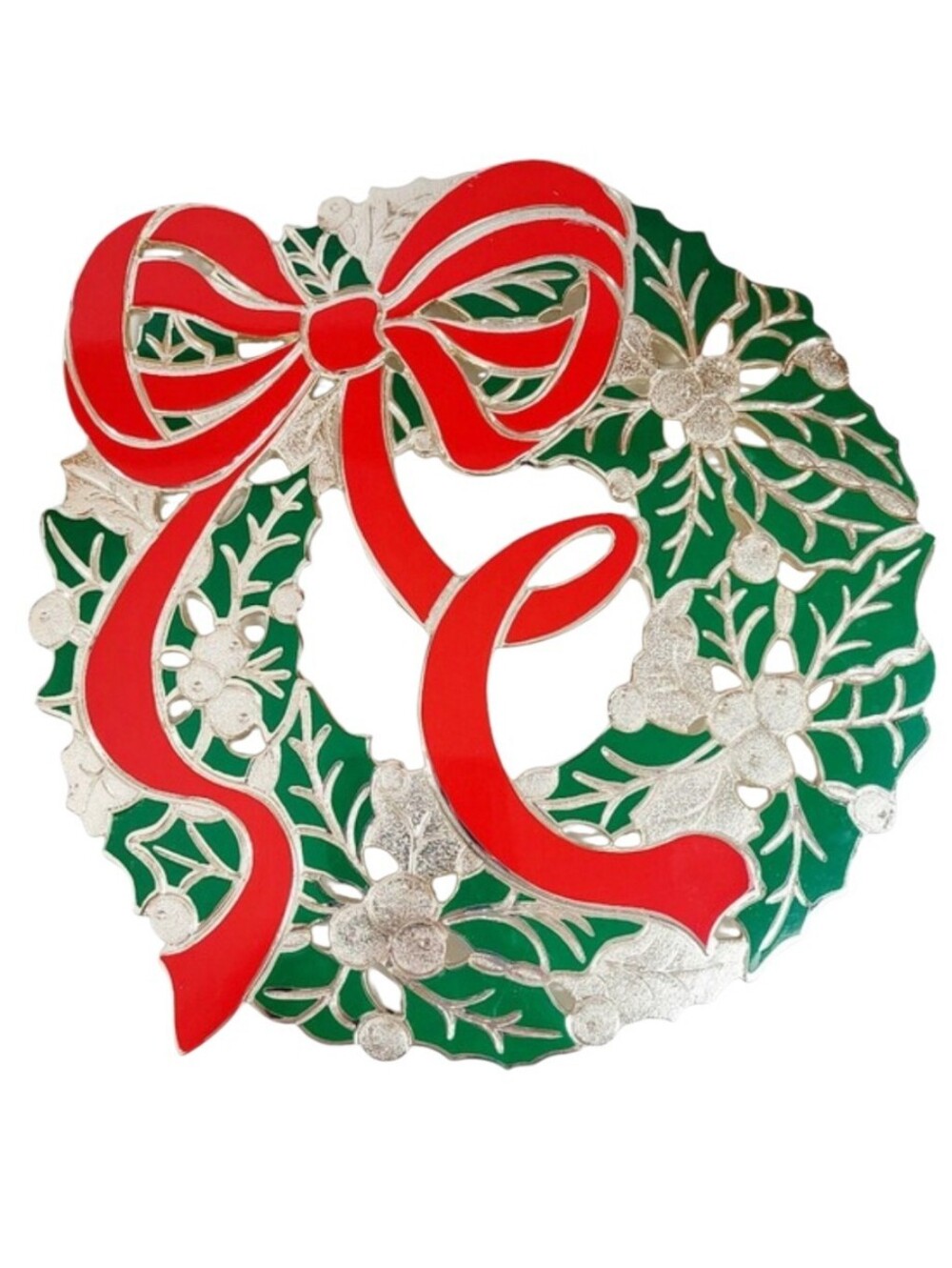 Vintage Wm A Rogers Red & Green   Silver-Plated Christmas Holly Wreath Trivet 9"